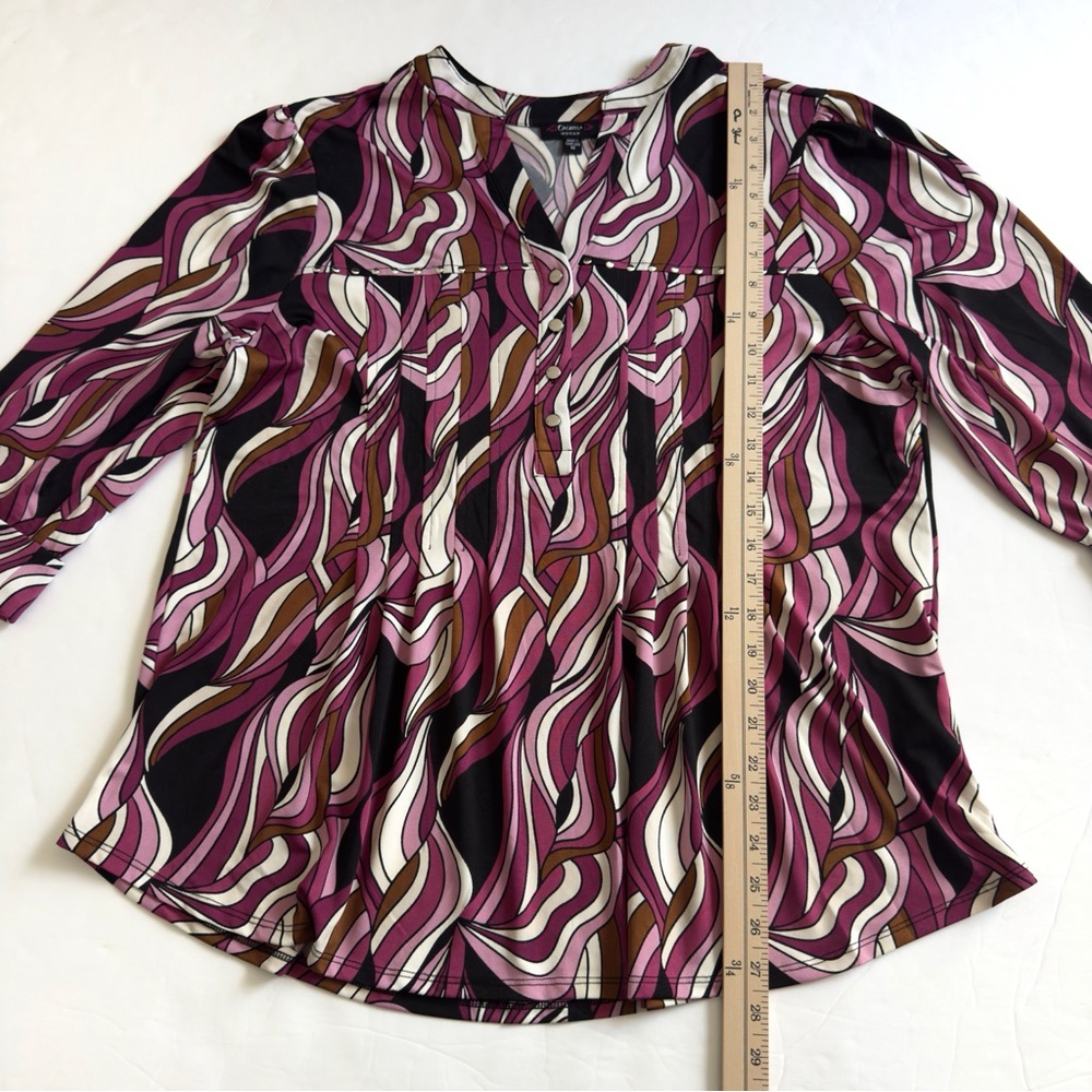 Cocomo Tunic Blouse Womens 1X Pink Black V Neck 3/4 Roll Tab Sleeve Swirl Hippie - Picture 8 of 11